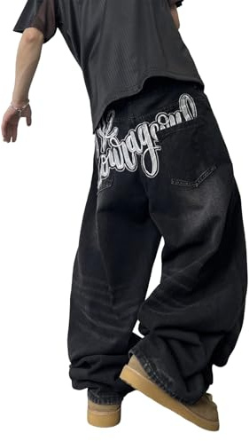 Moda Uomo Oversize Gamba Larga Design Skateboard Jeans con Lettera Ricamo Modello Y2k Jeans Gamba Larga 2000 Streetwear (Nero,3XL)