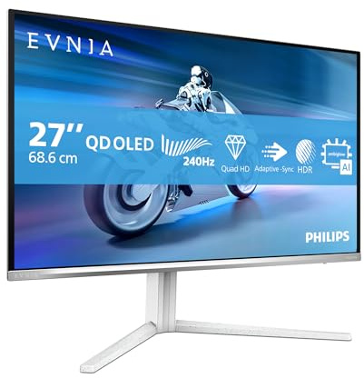 PHILIPS Evnia 27M2N6501L Gaming Monitor 27 Pulgadas 240Hz Panel QD-OLED, 0.03ms GtG, HDR10, G-Sync Compatible, Altura Ajustable, (2560x1440 HDMI 2X 2.1 DP 1x 1.4 USB Hub) Blanco