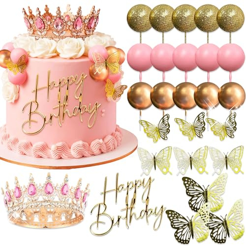 Rosa Corona rosa come decorazione per torte palline dorate corona come decorazione per torte targa a farfalla dorata per compleanno o baby shower