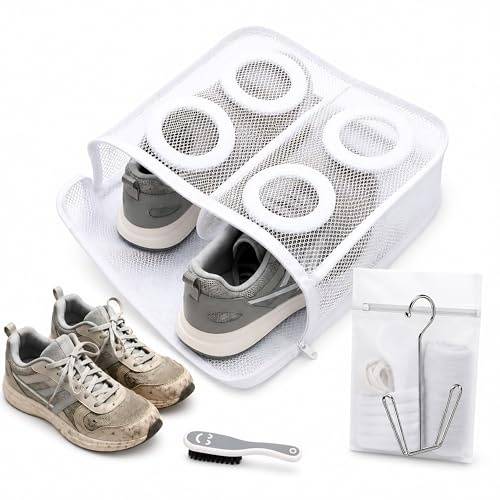 Detail Home Bolsa para lavar zapatillas en lavadora con separadores – Set completo con cepillo, bolsa pequeña para plantillas y cordones y percha para secado – Tamaño XL 36×30×12 cm