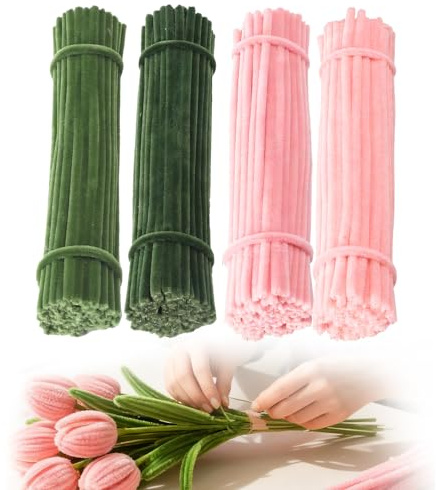 Pipe Cleaners for Craft Flowers, 400 Pcs DIY Flower Bouquet Pipe Cleaner Making Kit for Holiday Classroom Decorations,Pink and Green Set, Fluffy Crafts Art Supplies
