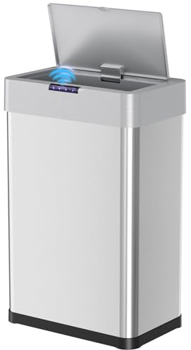 LIFERUN Cubo de basura con sensor, cubo de basura de cocina de 50 litros, tapa eléctrica con anillo de sujeción para bolsas de basura, cubo de basura automático sin contacto de acero inoxidable, color