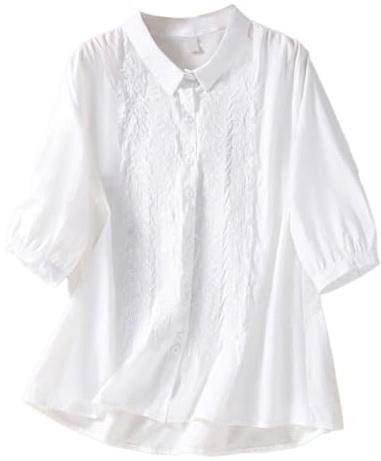 Chemise d'été en lin pour femme avec boutons brodés à manches 3/4, style rétro, bohème, ethnique, paysanne