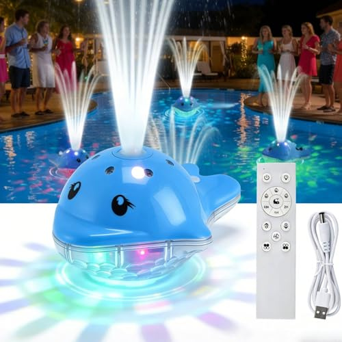 Fontana galleggiante per piscina con luci subacquee, a cascata, batteria ricaricabile, con telecomando, fontana galleggiante a balena con 3 modalità di spruzzo e 12 spettacoli di luci