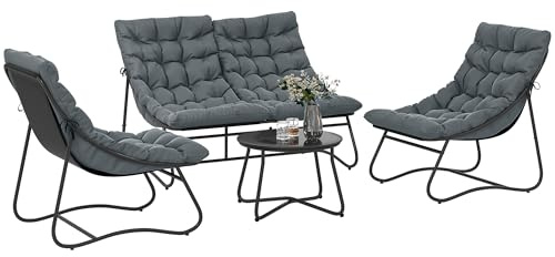 Outsunny Set de jardín 4 plazas con Loveseat sofá, Gris | Set de conversación, Mesa de café de vidrio, Cojines gruesos, Sofá exterior de acero, Balcón, Borde de piscina, Invernadero