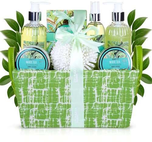 BRUBAKER Cosmetics - Coffret de bain & douche - Thé blanc/Gingembre - 8 Pièces - Panier décoratif - Idée cadeau