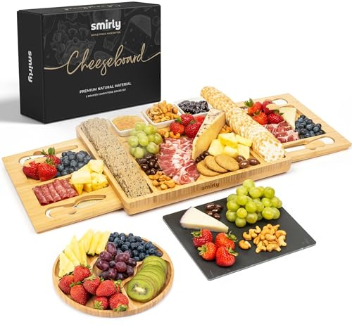 SMIRLY Tabla De Quesos Y Juego De Cuchillos: Tabla De Embutidos Grande, Tabla De Tabla De Quesos, Tabla De Quesos De Bambú con Cubiertos, Bandeja De Quesos