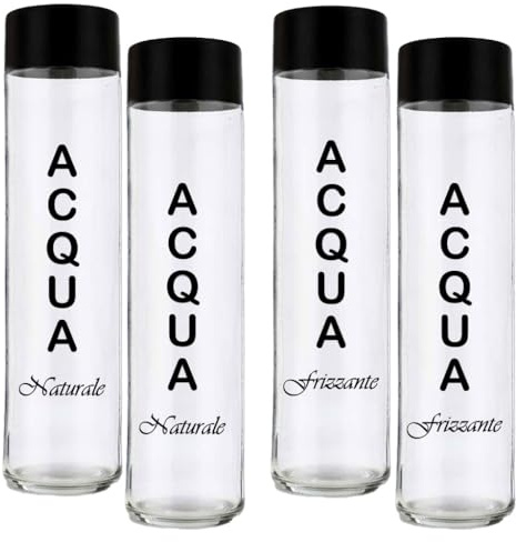 BrandPrint Set di 4 Bottiglie in Vetro Modello CILINDRO, 750 ml, Serigrafia 2 Naturale e 2 Frizzante, Tappo a Vite Nero | Bottiglia Vetro Acqua