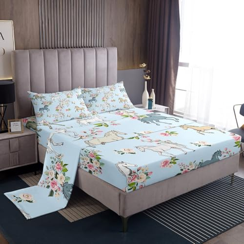 Horse Sheet Set Twin Size, Farmhouse Western Cowboy Cowgirls Bed Sheets for Kids Boys Girls Teens, Cartoon Kawaii Horse Bedding Set, Rustic Rose Floral Fitted Sheet + Flat Sheet + 1 Pillow case