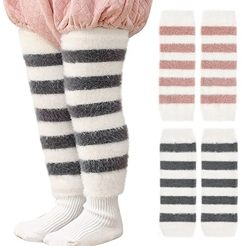 XEPST Packung mit 4 Kleinkind-Baby-Beinwärmer, Streifen lange Beinwärmer Kniestrümpfe Knieschützer Beinärmel für Babykinder Kleinkinder Mädchen und Jungen 0-5 Jahre, Einheitsgröße(Grau + Rosa)