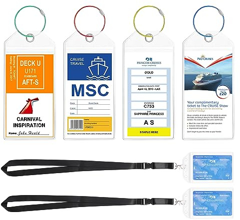 NTONPOWER Cruise Luggage Tags Holder(4 Pcs Cruise Luggage Tags+ 2 Pcs ID Card) with Zip Seal & Steel Loops, Waterproof Clear Luggage Tags Cruise Accessories(3.5 x 7.4 in)