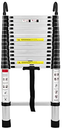 NAIZY Échelle Télescopique en Aluminium Pliable, 4,4 M, Multifonctionnelle avec Crochets, Polyvalente, Extensible, 15 Marches, Autoportante, Capacité de Charge 150 kg