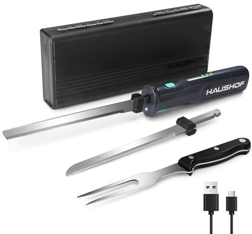 HAUSHOF Coltello Elettrico a Batteria con Coltello da Pane 18cm, Coltello da Bistecca 20cm e Forchetta, Coltello da Cucina Batteria 2000mAh, Ideale per Affettare Cotolette, Pane, Formaggio - Nero