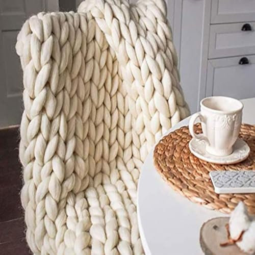 GDJGNUDK Chunky Knit Blanket, Throw Soft Chunky Wool Yarn Knitted Throw Blanket Hand Knit Warm & Cozy Blanket Couch Bed home Decor Soft Breathable Throw(Beige,100 * 120cm)
