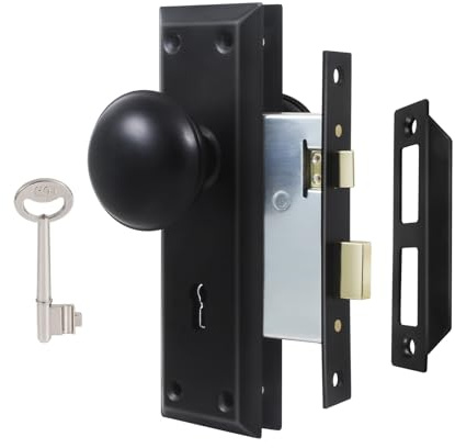 ToPToToo Mortise Lock Set for Interior Door, Vintage Antique Door Knobs with Lock and Skeleton Key, Old Door Knob Replacement Fits 1-3/8 in 1-3/4 in, Matte Black Finish