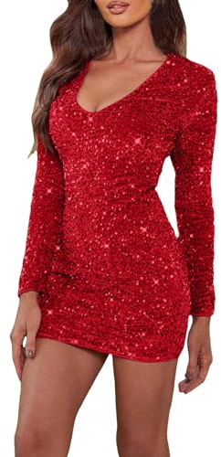 Duohropke Vestido Mini para Mujer Slim-Fit, Tunika de Lentejuelas de Manga Larga, Elegante y Sexy, con Detalles de Pailletten, de Largo hasta el Suelo, para Fiesta de Graduación, con Cuello en V