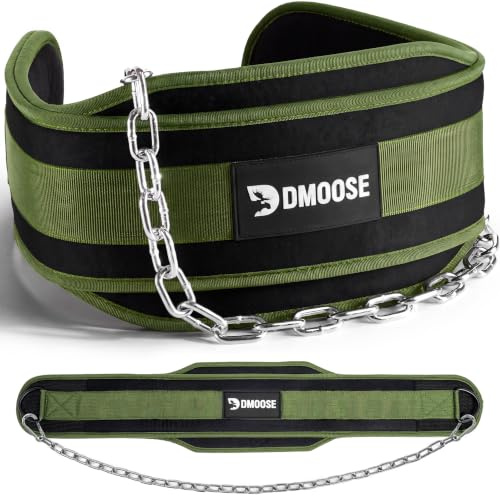 DMoose dippbälte för pullups – kraftigt 91 cm stålkedja vikt gymbälte för dipp med bekvämt neoprenstöd (militärgrön)