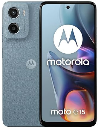 Motorola moto e15 (2/64GB, Fotocamera da 32MP + sensore antisfarfallio, Display 6.67 HD+ 90Hz Corning® Gorilla® Glass 3, 5200mAh, MediaTek Helio G81 Extreme, Android 14 Go Edition), Misty Blue