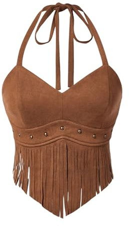 GORGLITTER Women's Asymmetrical Halter Tie Top Tassel Fringed Vintage Slim Fit Cowgirl Outfit Cropped Tops Brown Medium