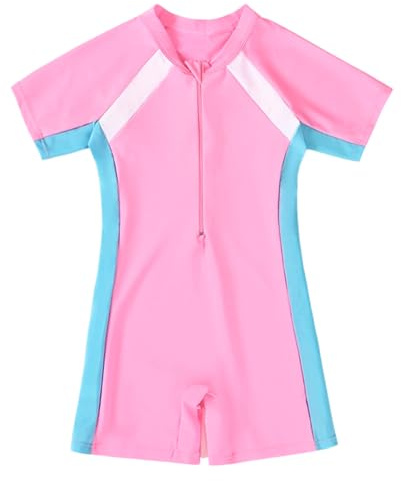 Fiohiros Maillot de bain une pièce pour filles, séchage rapide, manches courtes, pour fille, plage, bain et sports nautiques, rose, 10-12 ans