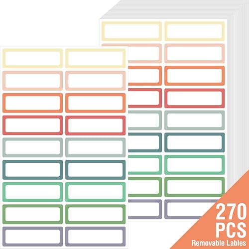 270 PCS Removable Labels, 9 Colors Self-Adhesive Rectangular Stickers Water/Oil/Tear Resistant for Food Containers, Freezer, Kitchen, Files, Jars, Pantry Storage, Office, Bathroom, School (15 Sheets)