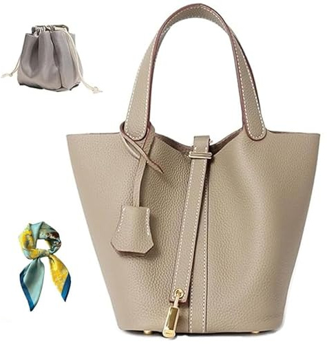 Genuine Leather Bucket Bag for Women: Lock Design Shoulder Handbag Versatile Top-Handle Tote Fashionable Vegetable Basket, Grey, 7.5L x 5.9W x 7.1H