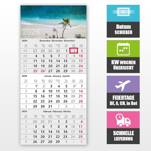 Calendario da 3 mesi 2026 con cursore datario – Calendario da parete 30 x 49 cm per una pianificazione ottimale, panoramica di 3 mesi, calendario da parete, calendario da ufficio, calendario da 3 mesi