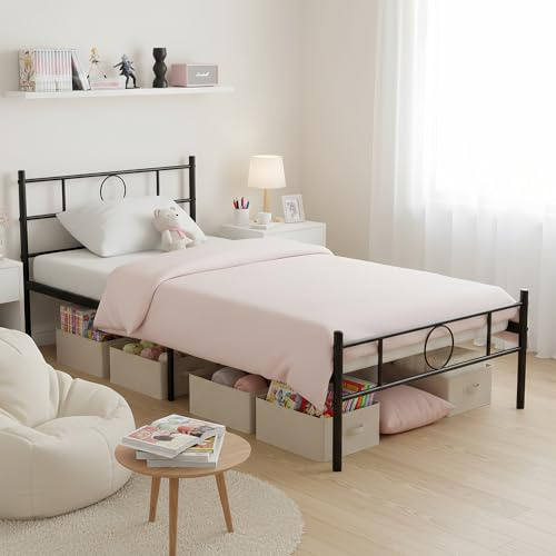 ZECIIYE Cadre de Lit 90 x 190 cm avec Sommier en Métal, Lit 1 Personne Noir avec Tête et Pied pour Enfants Adolescents Adultes, Espace de Rangement au Dessous (90x190cm, Style B)