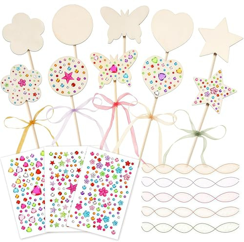 Zosutetoxo 23-piece Fairy Wand Craft Set with 10 Wooden Sticks 10 Ribbon Bows 3 Sheets of Jewel Stickers DIY Princess Wands for Children's Party