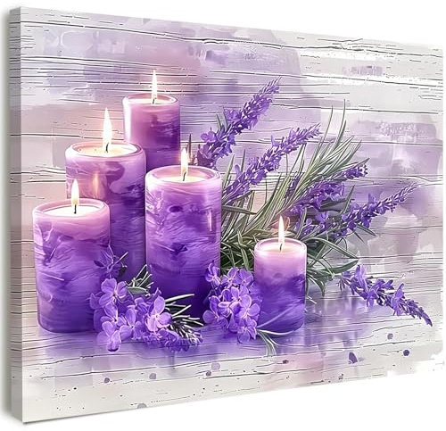 Qiukoo Canvas Wall Art Framed – Purple Lavender Candles Artwork, Calm Spa Relaxing Wall Decor for Bedroom, Living Room, Bathroom or Meditation Corner Home Decoration, with Hooks and Nails, 12x16 Inch