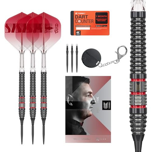 Target Darts Nathan Aspinall 95K stålspets dartset, 22G/24G/26G | 95 % volfram dart, K-Flex N°2 volanger och träd, Swiss Storm Black & SP verktyg ingår | Professional Player Edition