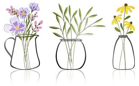quiodok 3 stycken väggdekoration blommor, metallblommor väggdekoration, minimalistisk vas väggkonst väggskulptur, rustik bondgårdsdekoration för terrass vardagsrum sovrum matsal