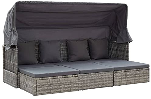 Keeushr Isola solare da giardino con tetto in polyrattan, letto con rattan sintetico e telaio in acciaio verniciato a polvere, impermeabile e resistente ai raggi UV, tavolo spesso incluso