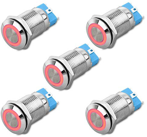 EEEKit 5Pcs DC 12V / 24V Metallrastender Druckschalter, 4 Pin Auto LKW Boot EIN/AUS Schalter, Wasserdichter, selbstsperrender runder Schalter mit roter LED-Leuchte für 12mm Montagebohrung