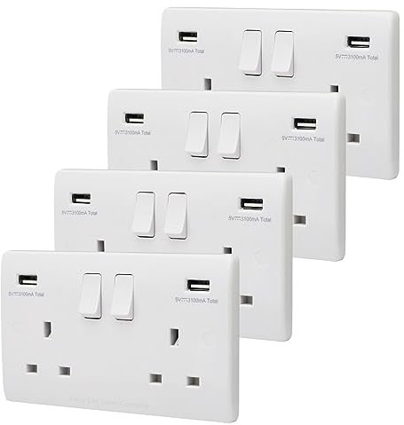 2 Gang 13amp Double Switched Socket UK Plug USB Charging Wall Outlet Pack of 4 USBW2-HE