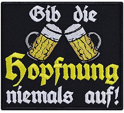 Ölälskare gåva Ge aldrig upp humlemen lapp/stryka på biker patch roligt ordstäv | Beer Lover fotbollsfan applikation för jackor/jeans/väskor | 90 x 80 mm