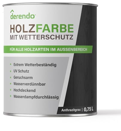 derendo Holzfarbe anthrazitgrau außen wetterfest Wetterschutzfarbe Langzeitschutz 750ml RAL 7016 seidenglänzend Holzlack grau Außenbereich Holzschutzlasur hohe Deckkraft