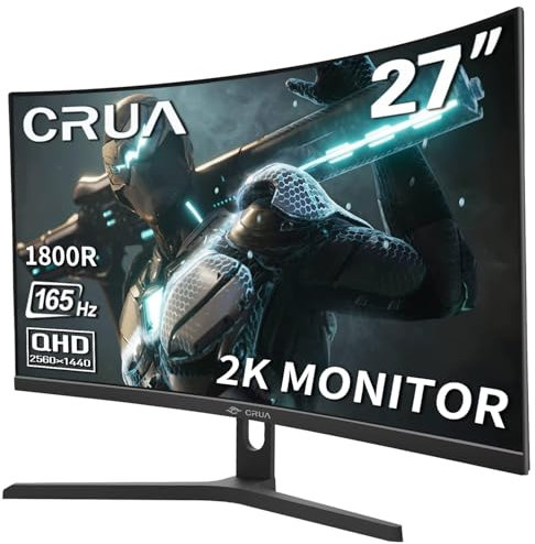 CRUA 27 Inch Curved Gaming Monitor, QHD 2560×1440, 165Hz, 1ms GTG, 1800R Frameless PC Monitor, FreeSync, Low Motion Blur, Eye Care, VESA Mount, DisplayPort & HDMI