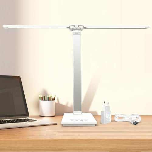 Lámparas de Escritorio para la Oficina en Casa, Lámpara LED de Doble Cabezal, Control Táctil de Brillo y Temperatura de Color Ajustable, Puerto USB de Carga