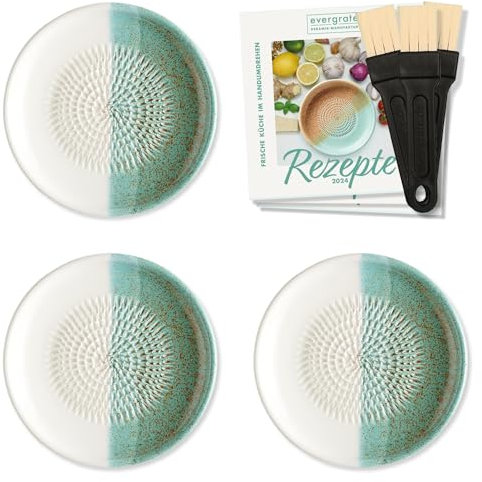 evergrate Keramikreibe 3er Verschenkset - 3 Tellerreiben Ice mit Küchenpinseln und Rezeptheften