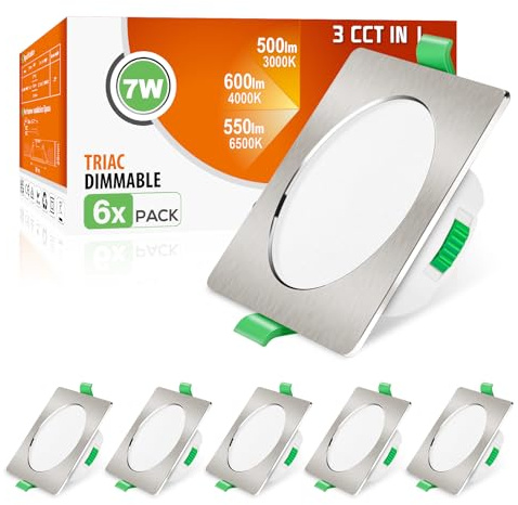 ALUSSO 3CCT LED Downlights Ceiling Dimmable 7W IP44 Cutout 67-75MM 6 Pack | Slim Recessed Ceiling Lights, 3000K 4000K 6500K Selectable Bathroom Kitchen Spotlights, Square Brushed Nickel