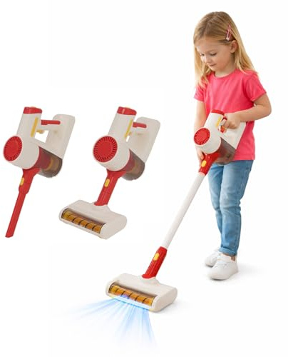 Kids Vacuum Cleaner Toy, 3 in 1 Realistic Suction Kids Cleaning Playset With Sound, Pretend Role Play HouseKeeping Toy, Sponge Rag Cleaning Tools for Toddlers (Red)
