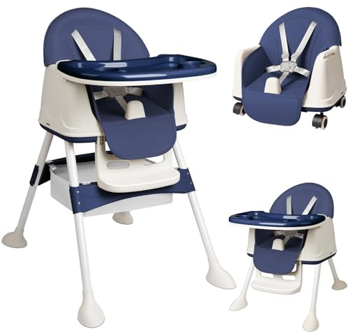 Kidsbuddy Chaise Haute Bébé 4 en 1，Chaise Haute Combinée， Réglable et Convertible，Fauteuil Enfant Avec Plateau,Repose-pieds,Facile à Nettoyer，Siège haut pour bébé pour 6 Mois à 6 Ans，Bleu