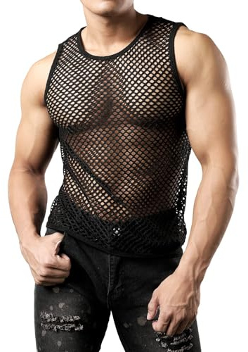 Men's Fishnet Vest Fitted Mesh Tank Top See Through Sleeveless Muscle Undershirt Hollow Out Top Black Sexy Vest Sheer Workout Tee Shirt Clubwear (UK, Alpha, L, Regular, Regular, Black(Big net))