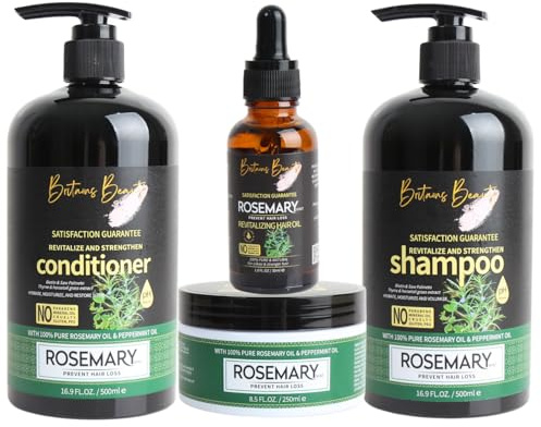 Britains Beauty 4 Pcs Hair Growth Set - Ginger & Tea Tree, Red Onion, Rosemary & Mint for Nourishment, Shampoo, Conditioner, Mask, and Oil for Complete Hair Care (Standard, Rosemary)