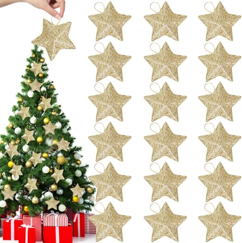 24 stycken juldekorationsset, gnistrande julgransdekoration, gyllene julhänge, 5 x 5 cm julgransprydnad – tredimensionella stjärnor, för fest, eldstäder, fönster, bordsdekorationer