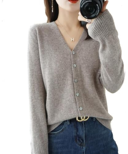 YGSIKY Cardigan in Cashmere da Donna, Maglione Cardigan Lavorato a Maglia Leggero a Maniche Lunghe con Scollo a V, Cardigan a Maniche Lunghe con Bottoni sul Davanti (L,Khaki)