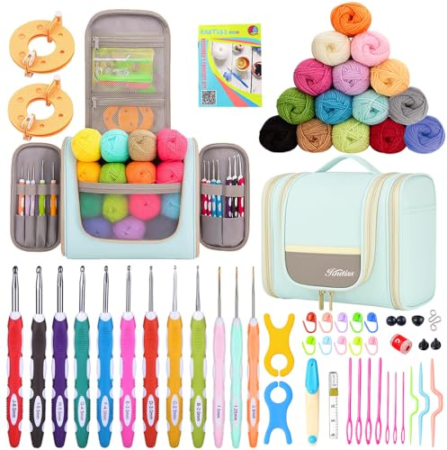 Knitiss Crochet Kits with Case, Beginner Crochet Includes Yarn & Hooks | Learn to Crochet Kits, Crochet Kits for Beginners Adults with Tutorial,15 Yarn Skeins & 12 Ergonomic Crochet Hooks
