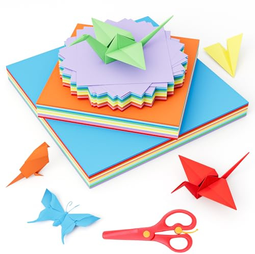 300 Sheets Square Origami Paper, 10 Colors Double Sided Color Origami Papers Kit with a Scissors for Kids DIY School Arts Crafts Projects(10*10cm&15&15cm&20*20cm)