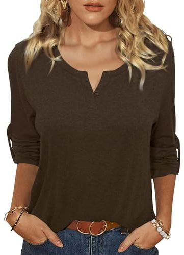 Camiseta Marrón Manga Larga Mujer Básico Top Cuello en V Elegante T-Shirt Suelta Trabajo Informal Camisetas Ligero Sólido Casual Blusa Camisas XL